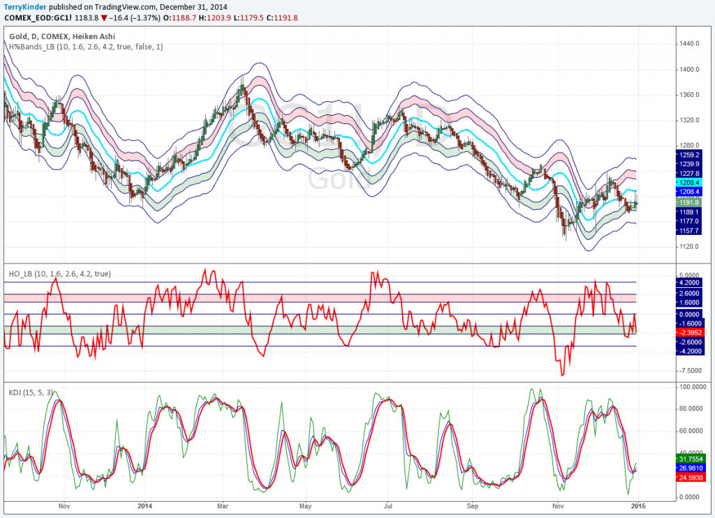 Gold 2014 Price: Looking at the Hurst Bands, the gold price might move a bit lower before bouncing higher
