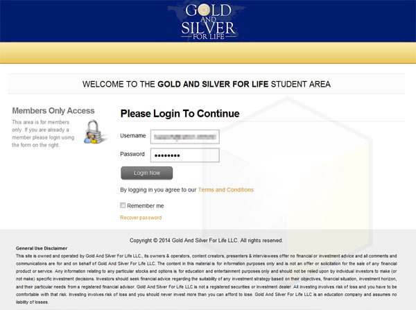 gold and silver for life review - members area screen grab