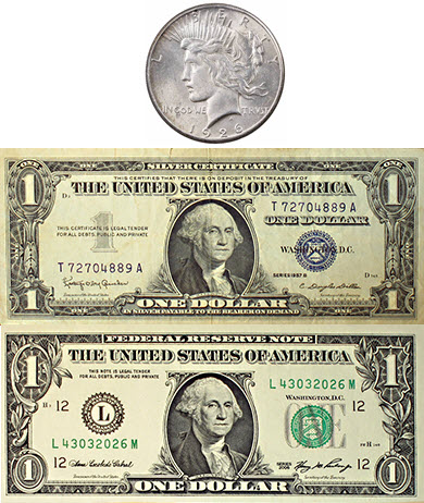 Top to bottom: Hard currency in the form of a Peace silver dollar, sound money in the form of a U.S. Treasury silver certificate and fiat currency. Courtesy of author's personal collection.